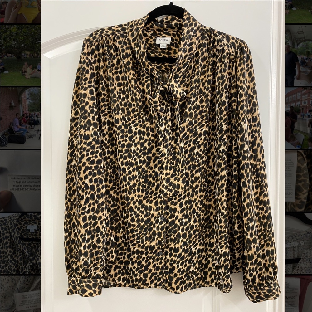 J Crew Leopard, Tie Neck Blouse